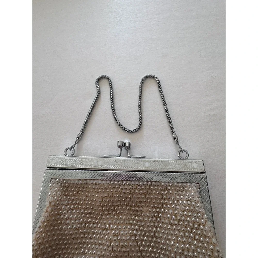 Handmade Beaded Evening Bag Clutch Purse Small Handbag Silver Frame Beige